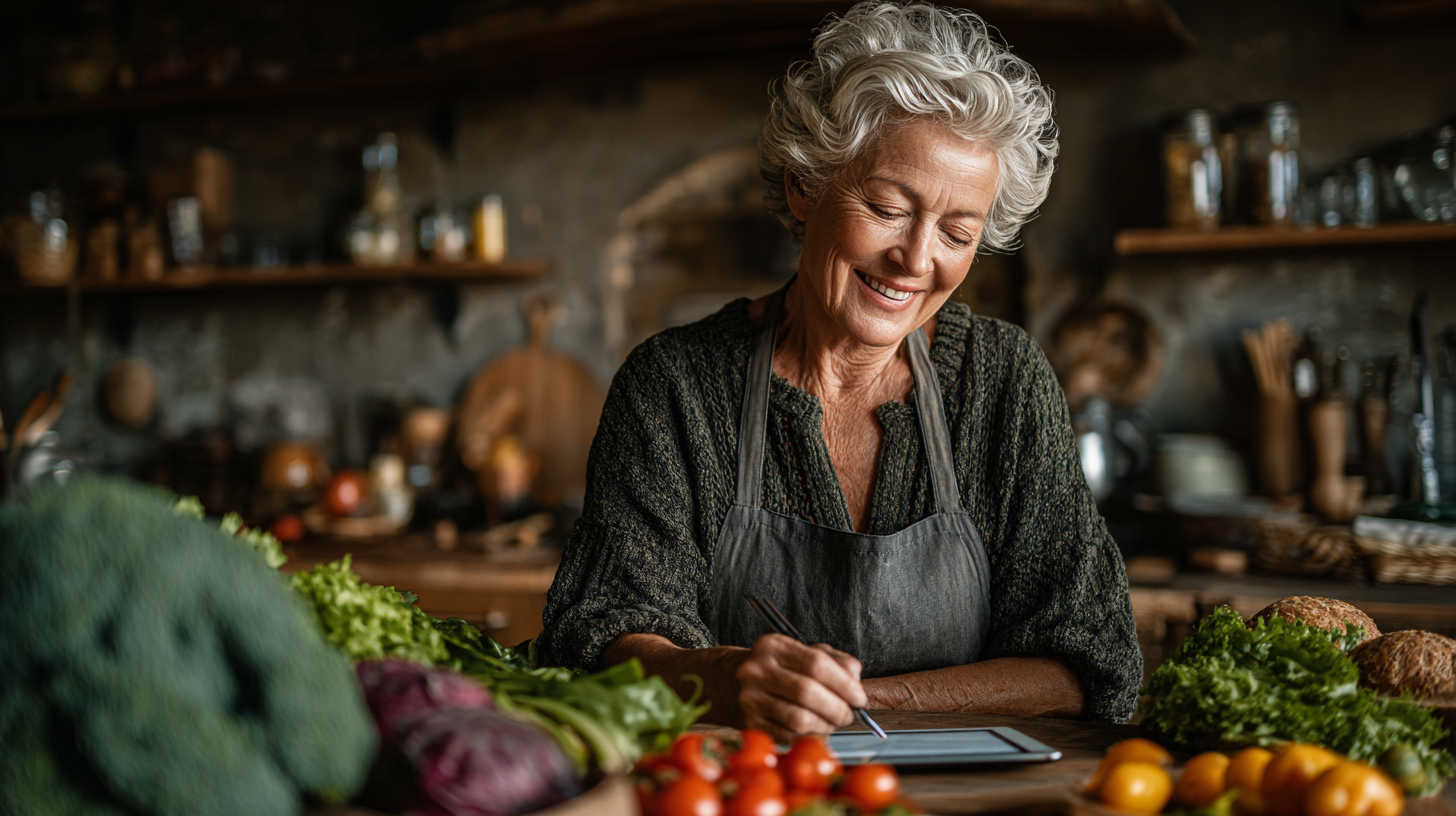 Senior fericit pregătind o masă sănătoasă în bucătărie
